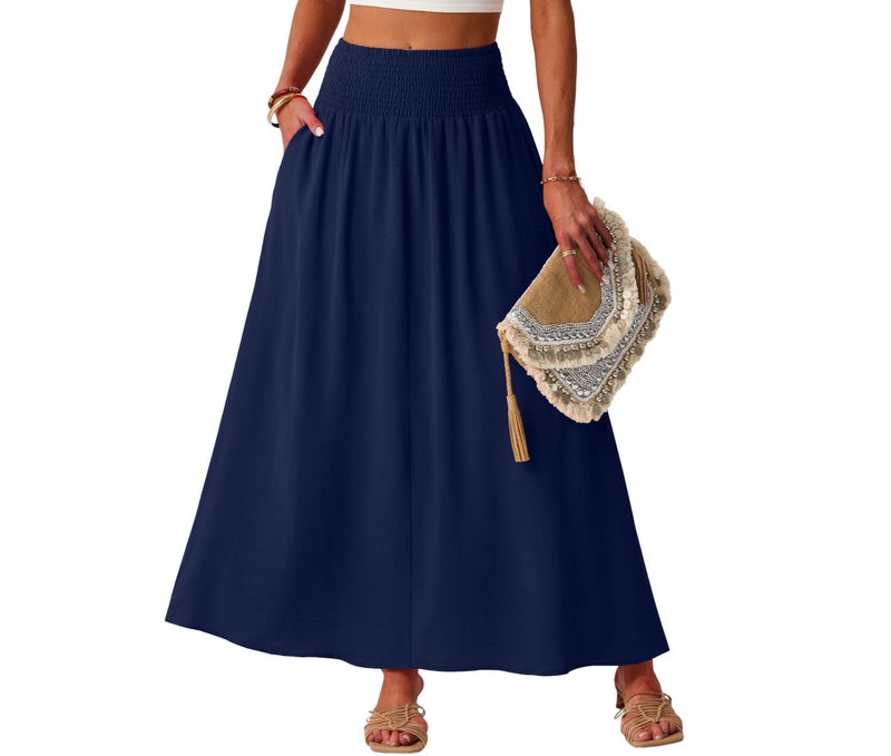 Lepunuo Maxi Skirts Womens High Smocked Waisted Flowy Gypsy Skirts with Pockets - Image 1