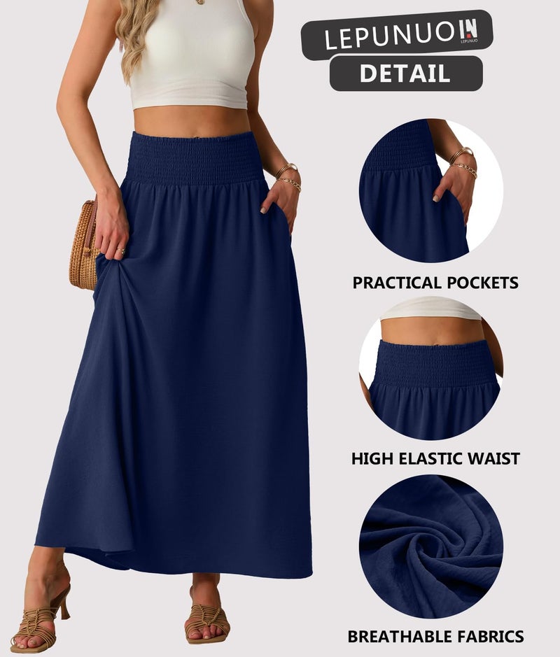 Lepunuo Maxi Skirts Womens High Smocked Waisted Flowy Gypsy Skirts with Pockets - Image 5