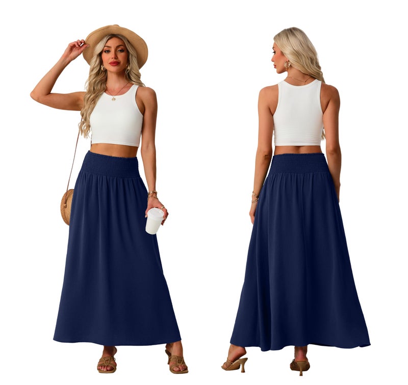 Lepunuo Maxi Skirts Womens High Smocked Waisted Flowy Gypsy Skirts with Pockets - Image 4