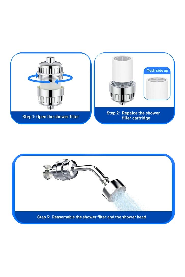 فلتر دش، فلتر دش من 20 مرحلة للمياه العسرة، فلتر مياه دش مع خرطوشتين قابلتين للاستبدال لإزالة الكلور والفلورايد، كروم مصقول - Image 2