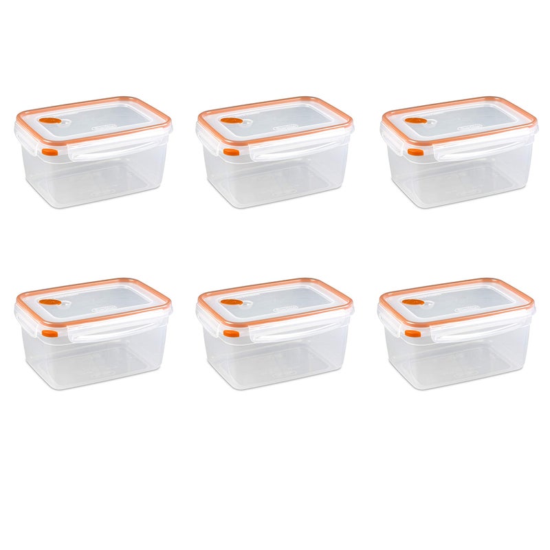 Sterilite UltraSeal 12 Cup Rectangle Airtight Food Storage Container Latching Lid Microwave and Dishwasher Safe Clear With Orange Gasket 6Pack