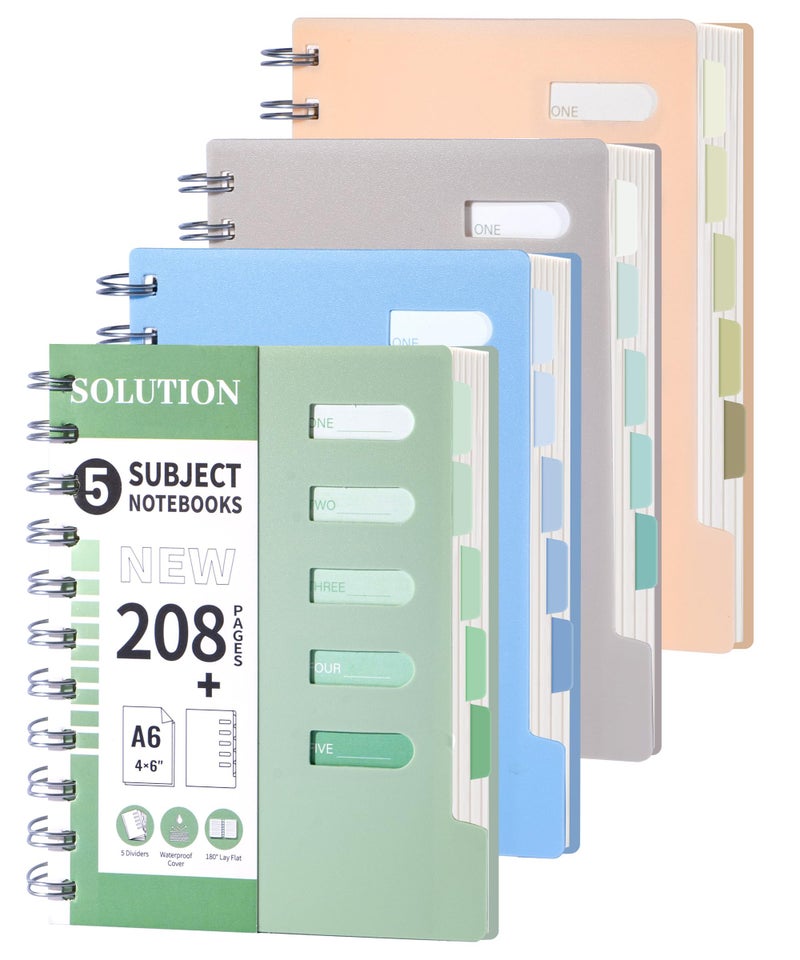 FLYING EAGLE 4 PCS Pocket Spiral Notebooks Cute 5 Subject Notebook College Ruled with Dividers Tabs Plastic Cover Thick Paper Notebooks for Work School, 4x6 Multicolor - Image 1