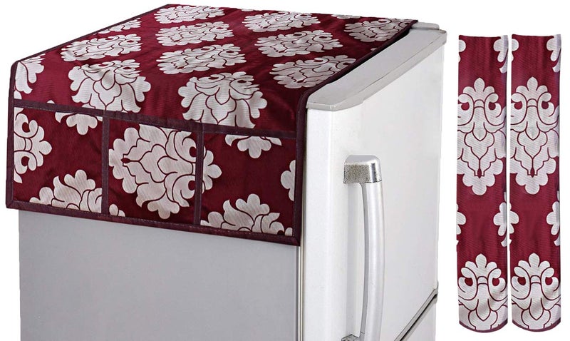 Kuber Industries Kuber Industries Flower Design PVC 1 Piece Fridge Top Cover and 2 Piece Handle Cover Maroon CTKTC33666  - Image 1