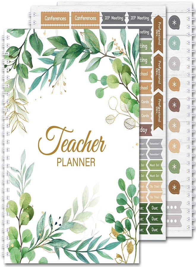 Fuyoooo Eucalyptus Teacher Planner Undated Academic Year Teacher Lesson Planner Book Green Plants Daily Weekly Monthly Spiral Planner Checklist Organizer with Stickers for Classroom, 8.5'' x 11'' - Image 1