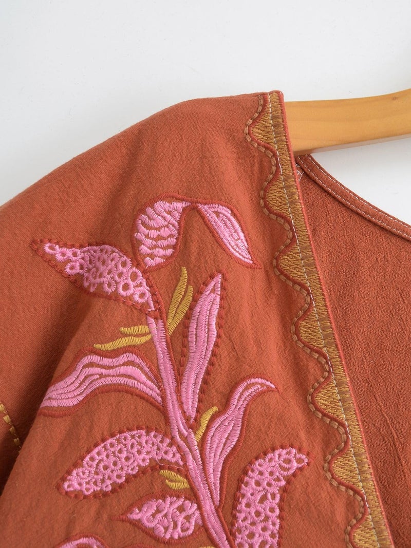 Joiemont Womens Oversized Embroidered Dress with V-Neck and 3/4 Sleeves Vintage Embroidery Babydoll Dress(0603-MochaRed-M) - Image 2
