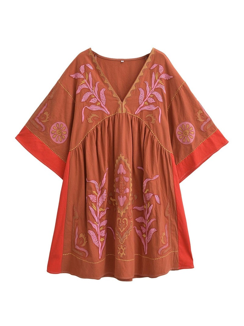 Joiemont Womens Oversized Embroidered Dress with V-Neck and 3/4 Sleeves Vintage Embroidery Babydoll Dress(0603-MochaRed-M) - Image 1