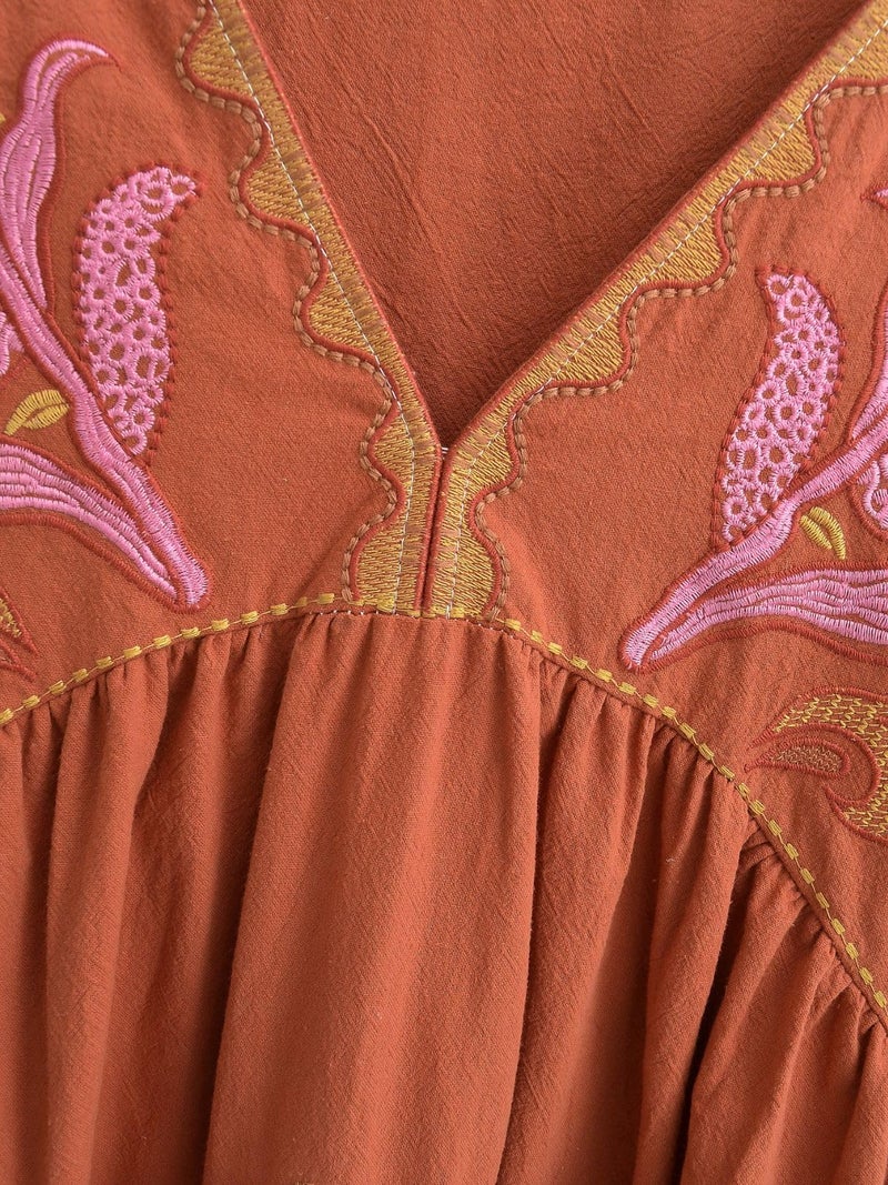 Joiemont Womens Oversized Embroidered Dress with V-Neck and 3/4 Sleeves Vintage Embroidery Babydoll Dress(0603-MochaRed-M) - Image 4