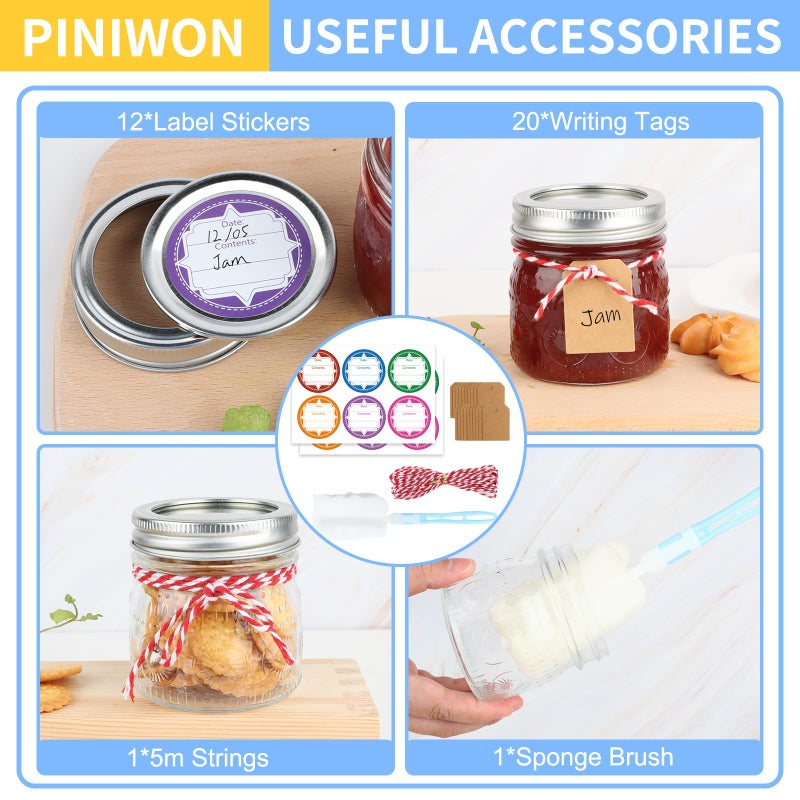 PINIWON Vintage Mason Jars 8 oz with Lids and Bands, 12 Pack Regular Mouth Half Pint Canning Jars, Small Mason Jars for Jam Jelly Honey DIY Projects, Labels, Tags, Brush & String Included - Image 4