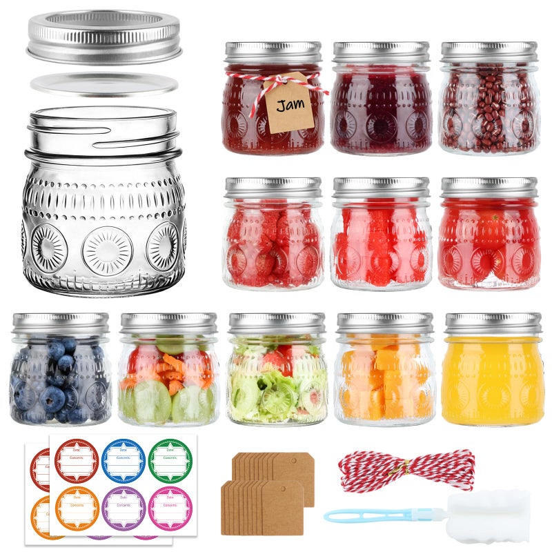 PINIWON Vintage Mason Jars 8 oz with Lids and Bands, 12 Pack Regular Mouth Half Pint Canning Jars, Small Mason Jars for Jam Jelly Honey DIY Projects, Labels, Tags, Brush & String Included - Image 1