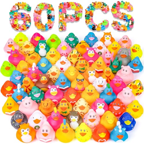 VISRIE 60 Pcs Rubber Ducks in Bulk Assortment Ducks for Jeeps Bulk Ducks for Toddler Bath Toys Kids Pool Toys Birthday Gifts Party Favors - Image 1