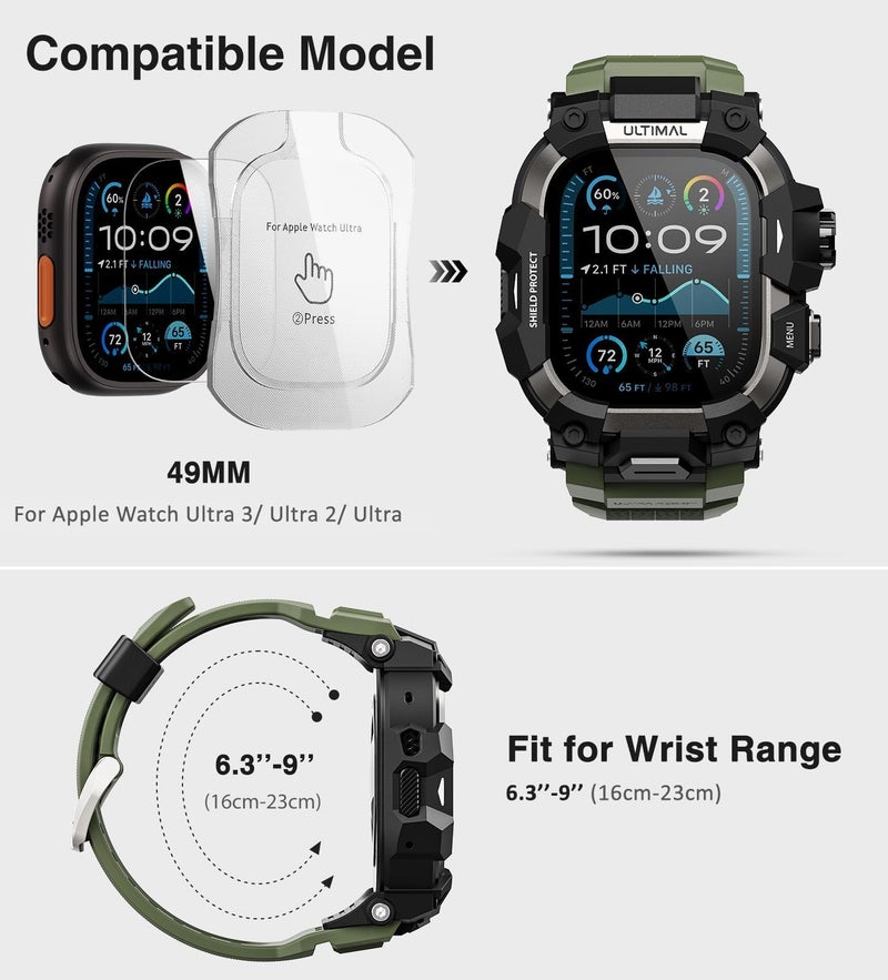 ULTIMAL Rugged Case with Band for Apple Watch 49mm,Compatible with Apple Watch Ultra 3/2/1, Military Grade Shockproof Bumper Cover for iWatch Tactical Band Men (Army Green, 49mm) - Image 2