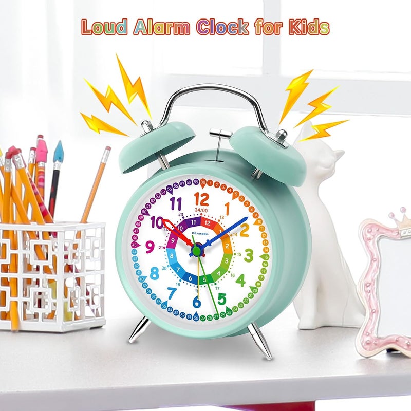 Peakeep Loud Analog Alarm Clock for Kids Learning Telling Time Teaching, 4.5" Twin Bell Alarm Clock Battery Operated for Heavy Sleepers Teenagers Kids(Aqua) - Image 2