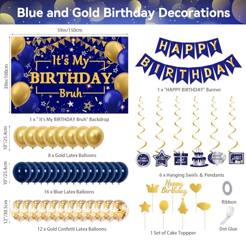 Halema Blue and Gold Birthday Decorations for Men Boys Women Bruh Its My Birthday Decorations Gold Blue Happy Bday Banner Balloons Backdrop Hanging Swirls Confetti Cake Topper Party Decor for Men Boy Bruh - Image 5