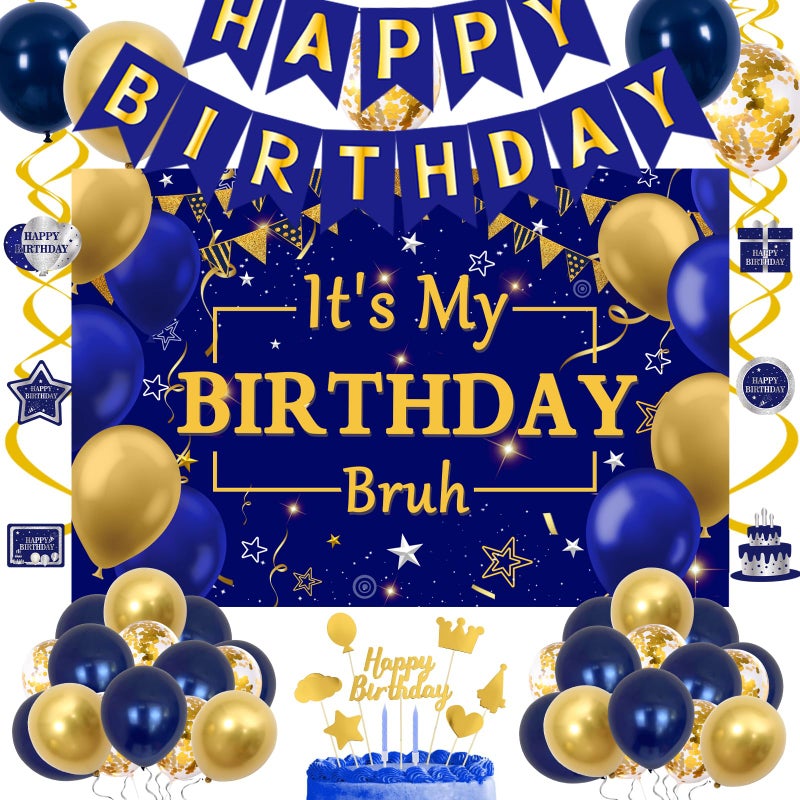 Halema Blue and Gold Birthday Decorations for Men Boys Women Bruh Its My Birthday Decorations Gold Blue Happy Bday Banner Balloons Backdrop Hanging Swirls Confetti Cake Topper Party Decor for Men Boy Bruh - Image 3