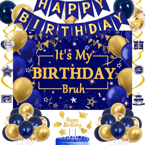 Halema Blue and Gold Birthday Decorations for Men Boys Women Bruh Its My Birthday Decorations Gold Blue Happy Bday Banner Balloons Backdrop Hanging Swirls Confetti Cake Topper Party Decor for Men Boy Bruh - Image 1