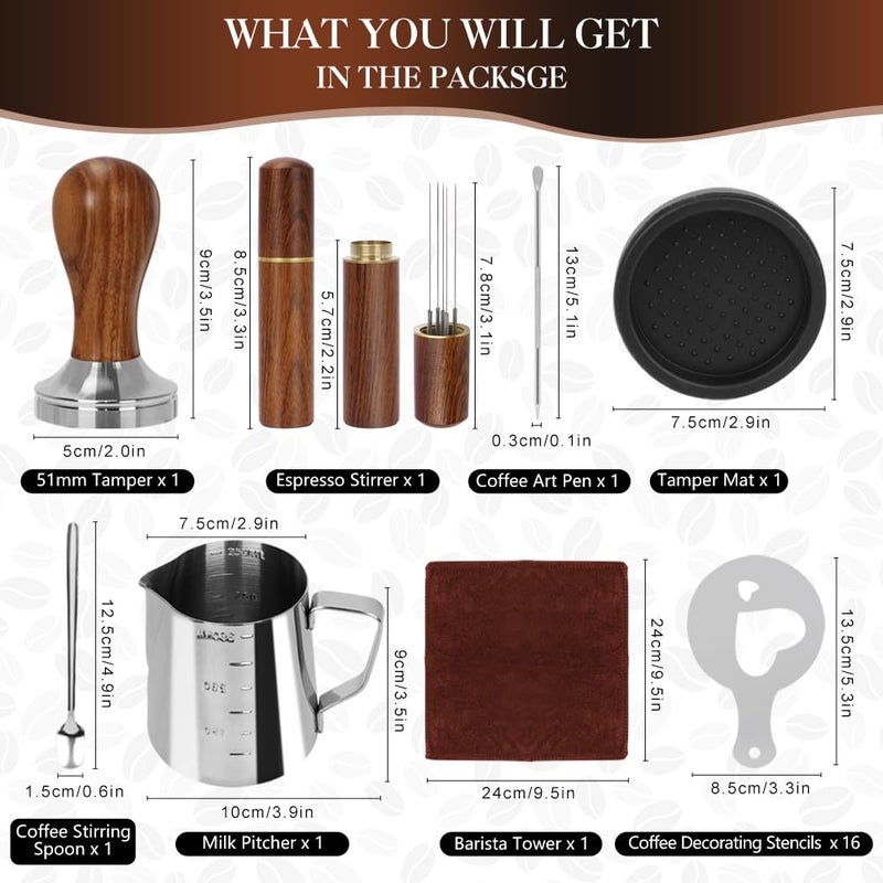 Y-Step 23 PCS Coffee Tamper Set, Espresso Accessories Kit Barista Kit, with Espresso Tamper 51mm, Coffee Stirrer, Frothing Pitcher, Tamper Mat, Latte Art Pen, Sandalwood Tamper for Espresso Machine - Image 2