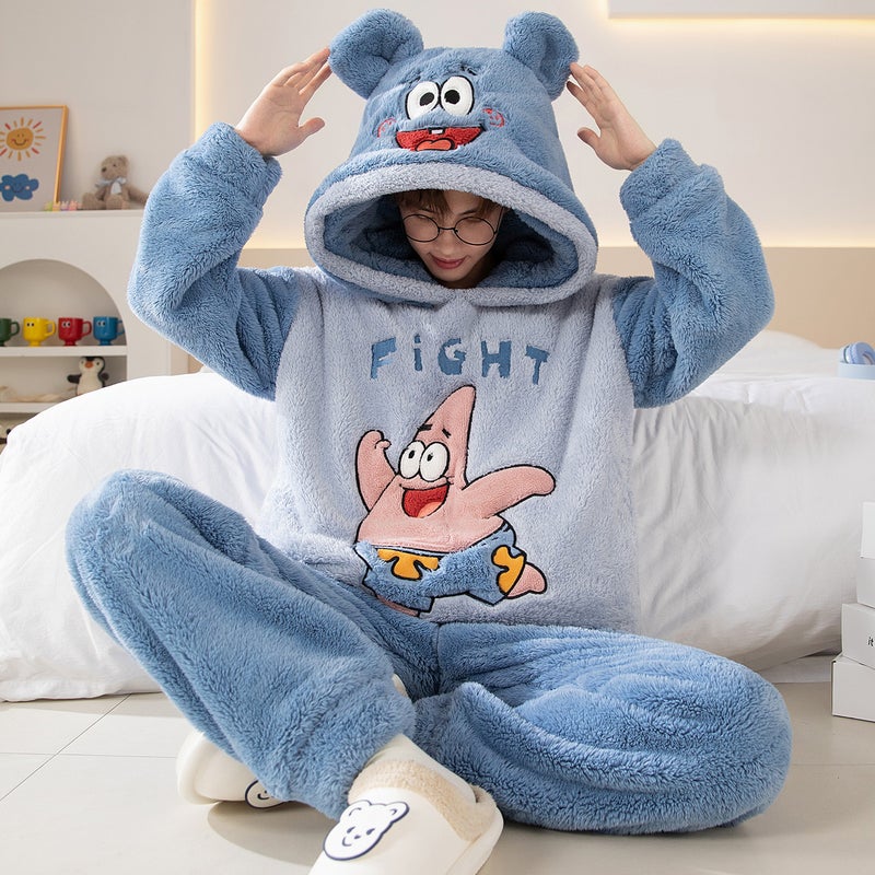 Winter Coral Fleece Pajamas Men'S Fleece-Lined Thickened Warm Cartoon Hooded Flannel Teenager Home Clothes Suit - Image 1