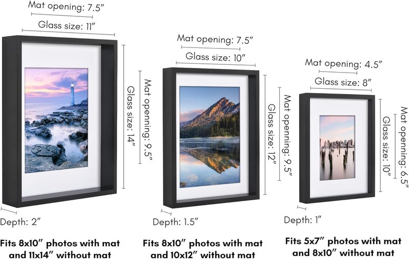 Americanflat Set of 3 Picture Frames - Includes 8x10, 10x12, 11x14 Frames - Use as 5x7 and 8x10 Frames with Mat - Black Frames with Deep Molding and Shatter-Resistant Glass for Tabletop or Wall - Image 2