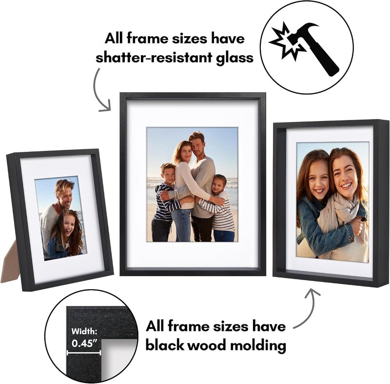 Americanflat Set of 3 Picture Frames - Includes 8x10, 10x12, 11x14 Frames - Use as 5x7 and 8x10 Frames with Mat - Black Frames with Deep Molding and Shatter-Resistant Glass for Tabletop or Wall - Image 3
