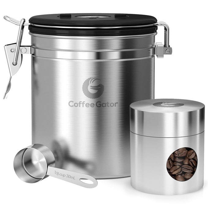 COFFEE CANISTER 16OZ AND 4OZ AIRTIGHT STAINLESS STEEL KITCHEN FOOD STORAGE CONTAINER WITH DATE TRACKER SCOOP FOR GROUNDS COFFEE BAR ACCESSORIES BEANSTEA SUGAR FLOUR SILVER
