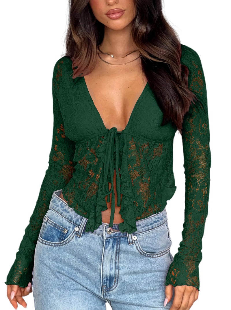 AGECODE Women's Sexy Open Front Tie Long Sleeve Ruffle Trim Sheer Mesh Lace Crop Tops Blouses Green Large - Image 1