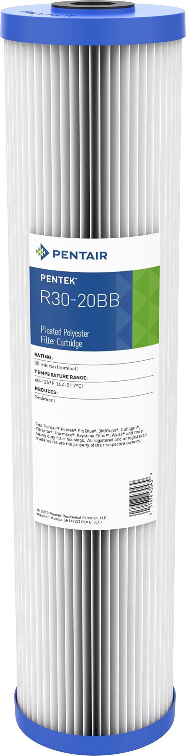 Pentek Pentair Pentek R30-20BB Big Blue Sediment Water Filter, Whole House Pleated Polyester Filter Cartridge, 20" x 4.5", 30 Micron, White - Image 1