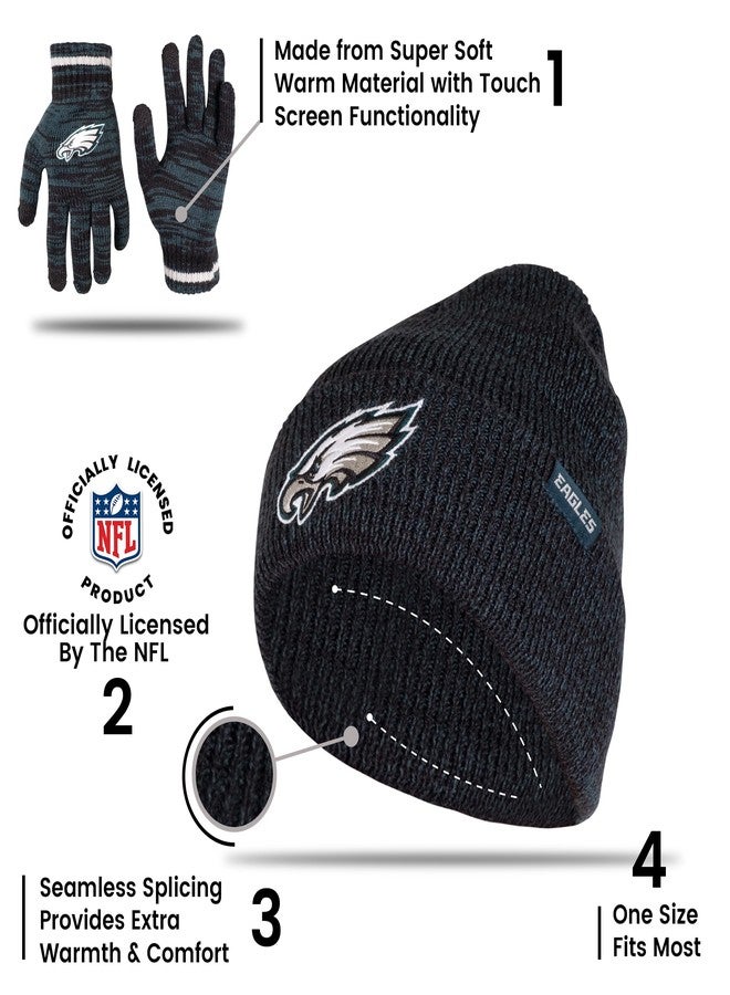 Ultra Game NFL Official Adults Unisex Super Soft Marl Knit Winter Beanie Knit Hat with Extra Warm Touch Screen Gloves, Philadelphia Eagles, Team Color, 1SIZE - Image 2