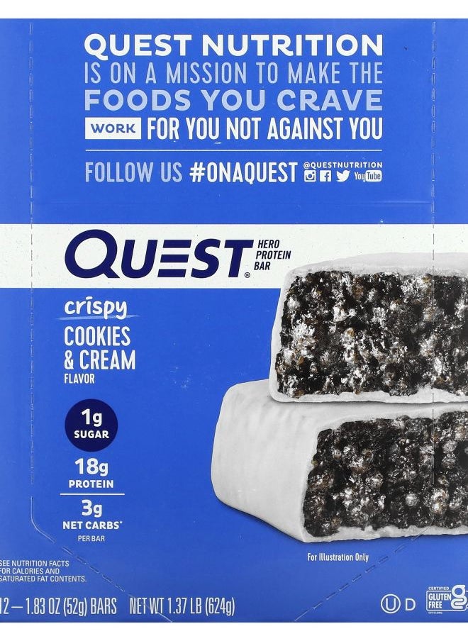 QUEST NUTRITION - Hero Protein Bar Crispy Cookies & Cream 12 Bars 1.83 oz (52 g) Each - Image 1