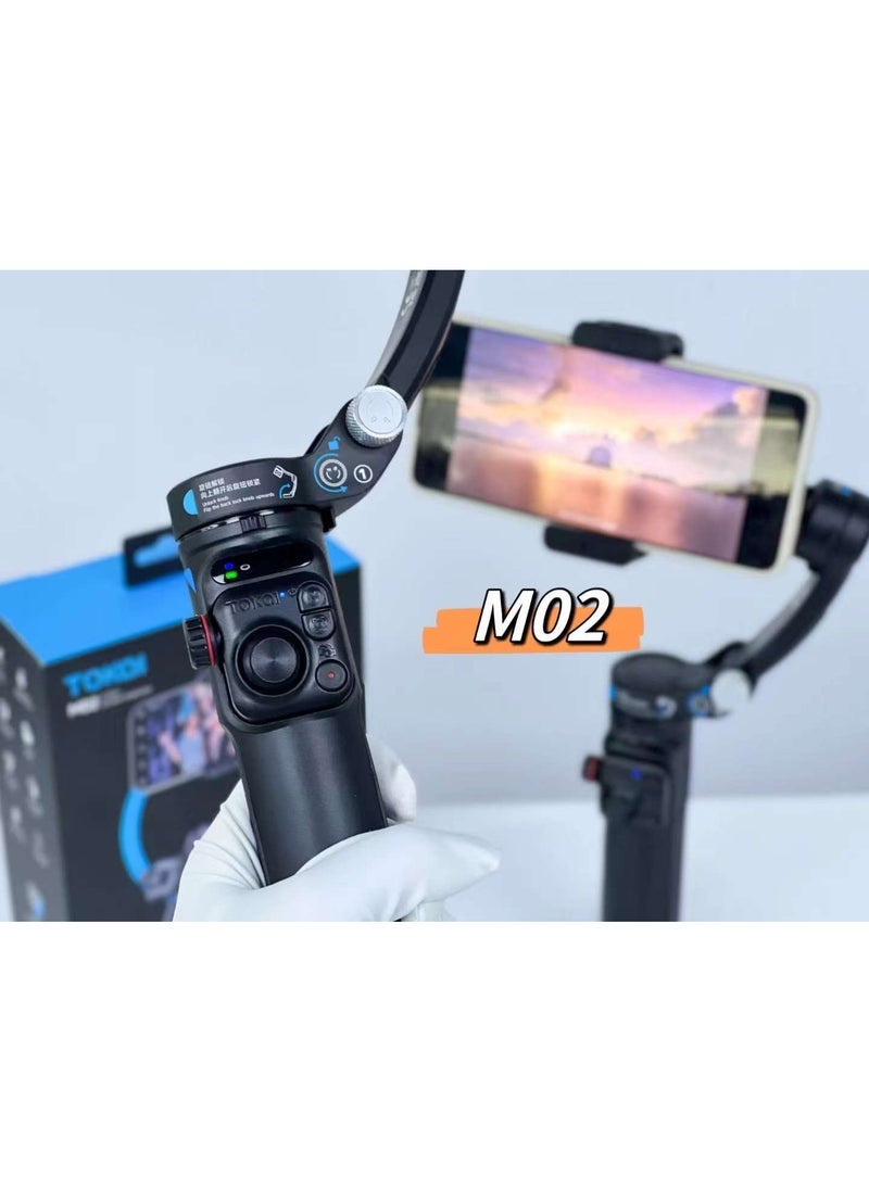 New M02 Folding Three-Axis Gimbal Stabilizer Tripod with Smart Face Tracking | Phone Selfie Stick with Adjustable Fill Light | Portable Foldable Design for Smooth Video & Photos | 360° Rotation, Tripod Stand for Live Streaming, Vlogging & Video Calls