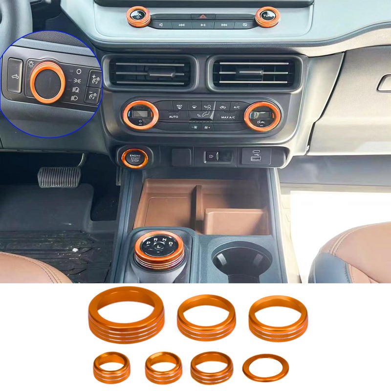 BORUIEN for Ford Maverick 2022 2023 2024 Interior Accessories Decor Air Conditioner AC 4WD Engine Start Stop Headlight Volume Radio Control Switch Knob Cover 7PCS Aluminum Alloy (Orange, 2022-2024) - Image 1