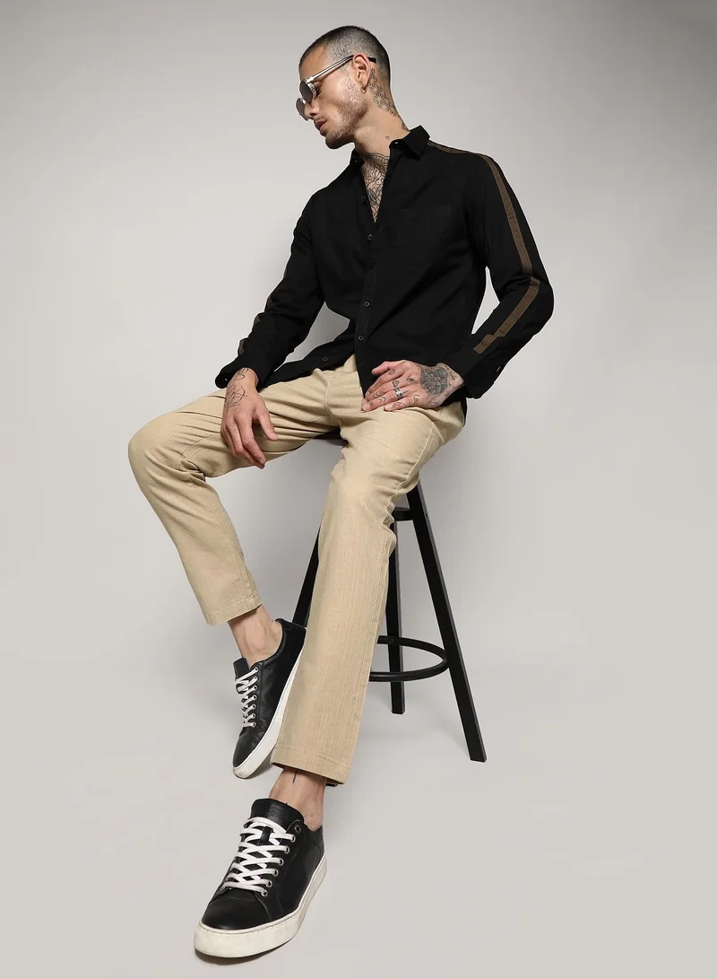 CAHOOT  Men's Jet Black Side Striped Shirt For Casual Wear | Spread Collar | Long Sleeve | Button Closure | Cotton Shirt Crafted With Comfort Fit For Everyday Wear for Men | Best Price UAE