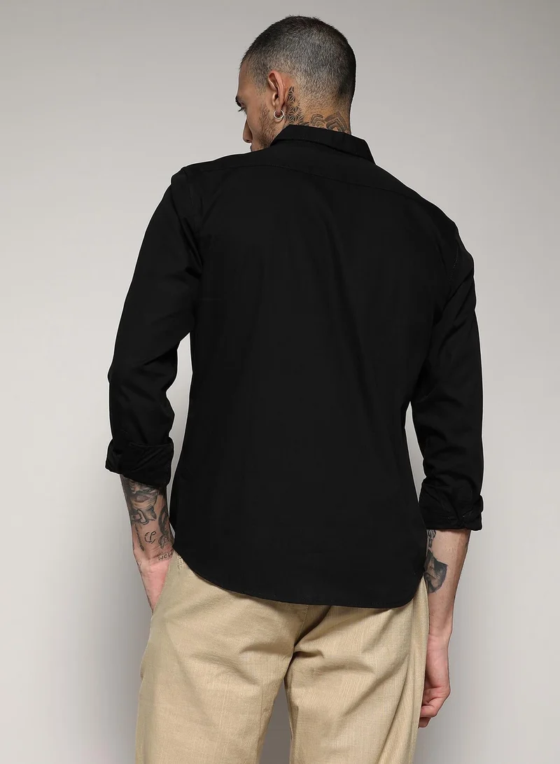 CAHOOT  Men's Jet Black Side Striped Shirt For Casual Wear | Spread Collar | Long Sleeve | Button Closure | Cotton Shirt Crafted With Comfort Fit For Everyday Wear for Men | Best Price UAE