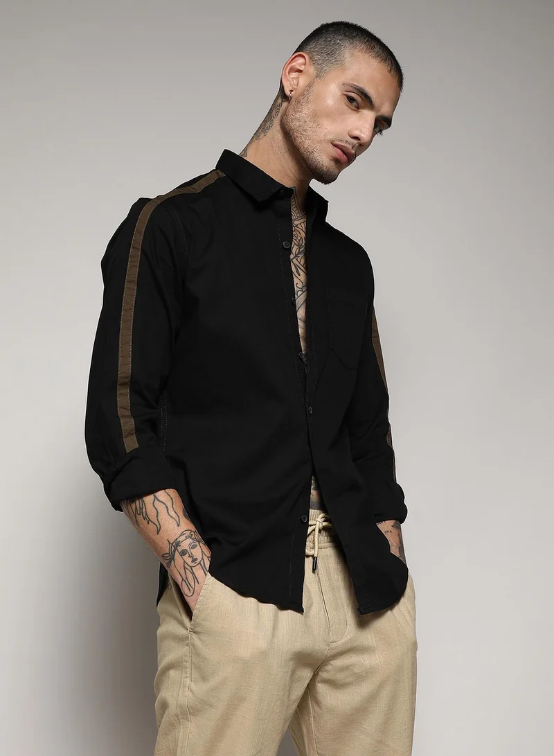 CAHOOT  Men's Jet Black Side Striped Shirt For Casual Wear | Spread Collar | Long Sleeve | Button Closure | Cotton Shirt Crafted With Comfort Fit For Everyday Wear for Men | Best Price UAE