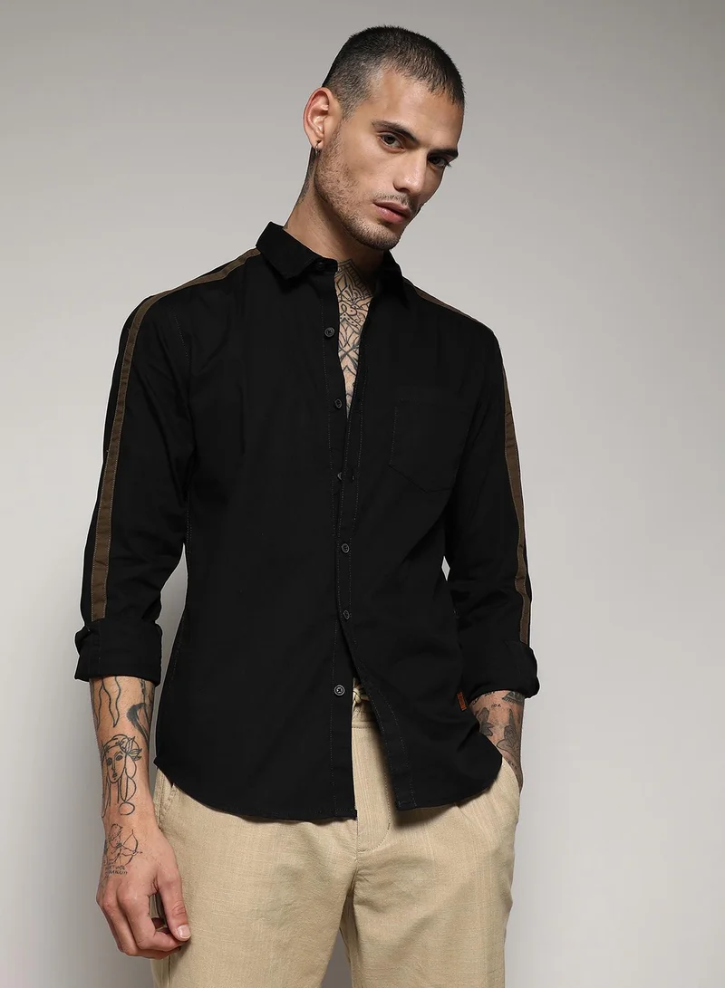 Men's Jet Black Side Striped Shirt For Casual Wear | Spread Collar | Long Sleeve | Button Closure | Cotton Shirt Crafted With Comfort Fit For Everyday Wear