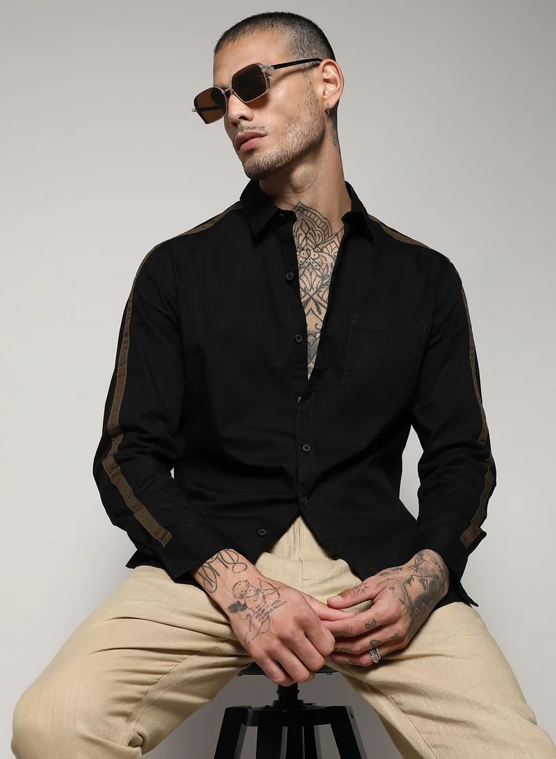 CAHOOT  Men's Jet Black Side Striped Shirt For Casual Wear | Spread Collar | Long Sleeve | Button Closure | Cotton Shirt Crafted With Comfort Fit For Everyday Wear for Men | Best Price UAE