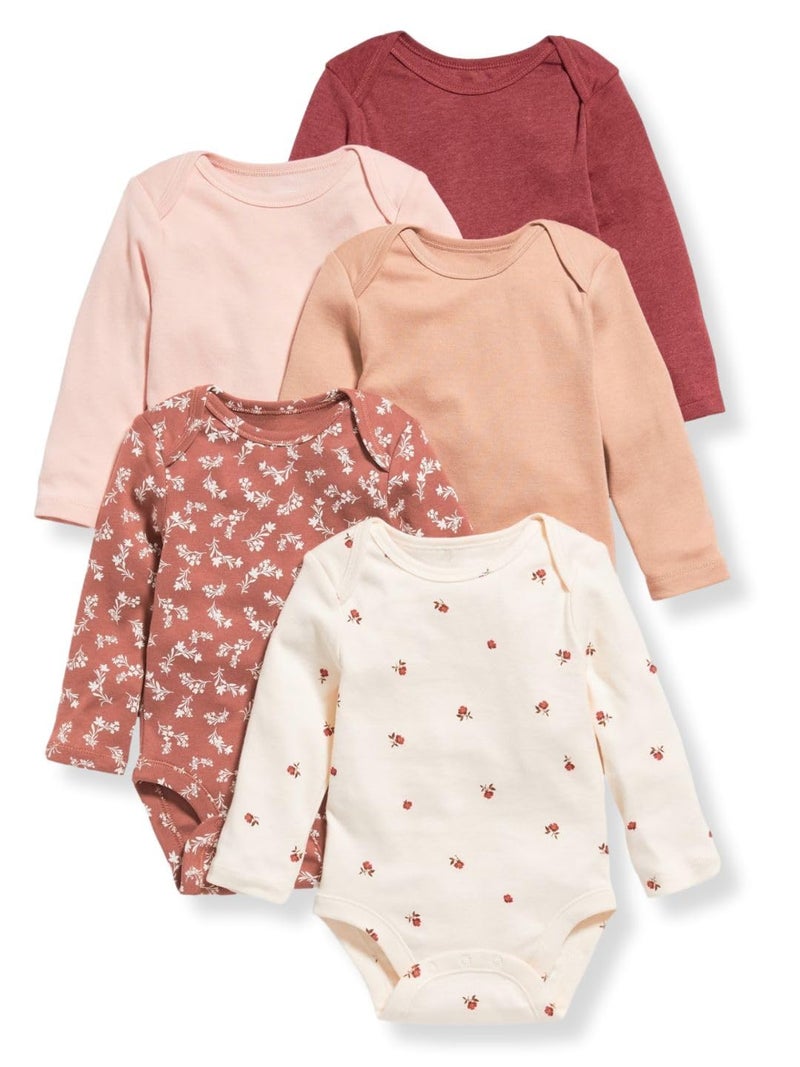 TuddyBuddy Baby Girls 100% Cotton Multi Color Full Sleeves Romper Combo/Bodysuit Set (Pack of 5 - Long Sleeves Assorted Bodysuits, 6-9 Months) - Image 1