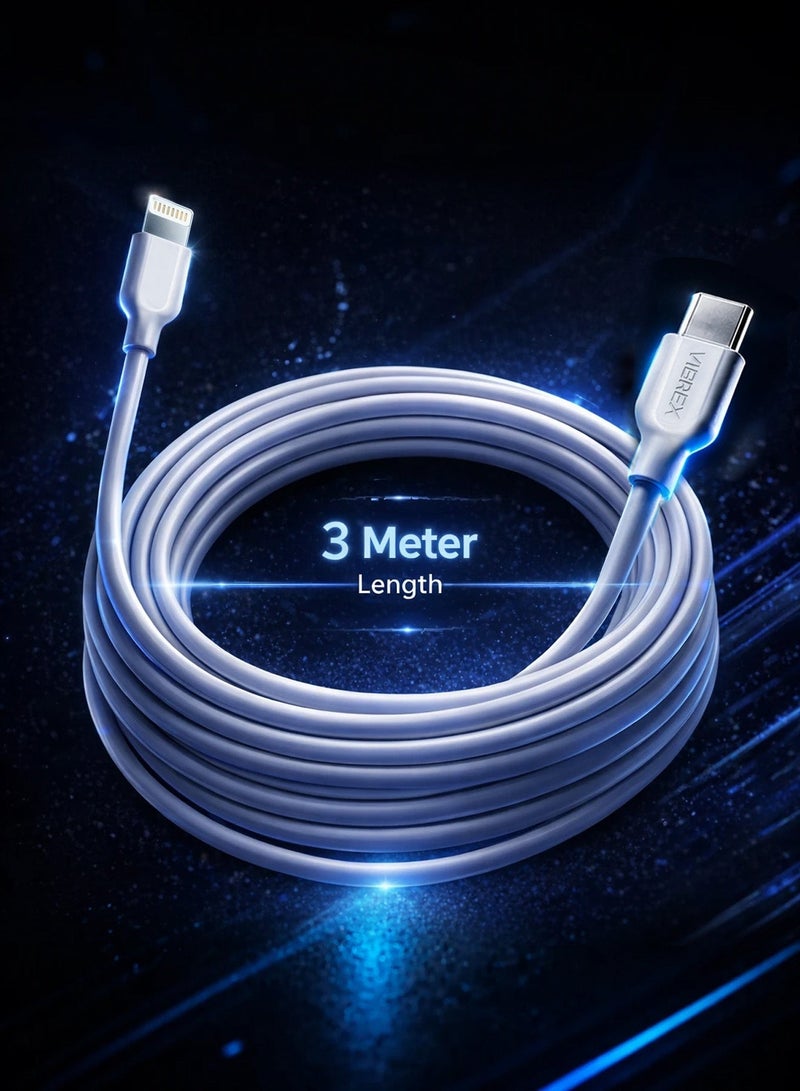 Vierex VC-3 Type-C to Lightning Fast Charging Data Cable 20W Power Delivery USB C to iPhone Charger Cable, 3M - Image 1