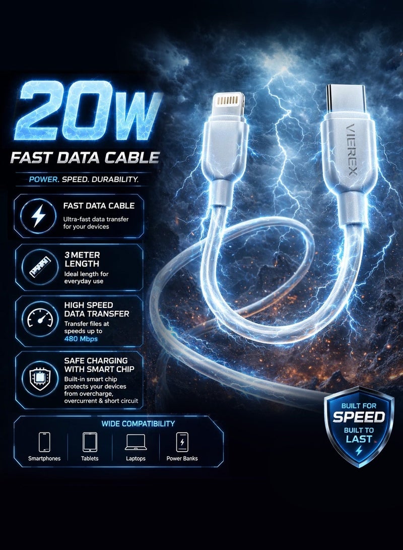 Vierex VC-3 Type-C to Lightning Fast Charging Data Cable 20W Power Delivery USB C to iPhone Charger Cable, 3M - Image 2