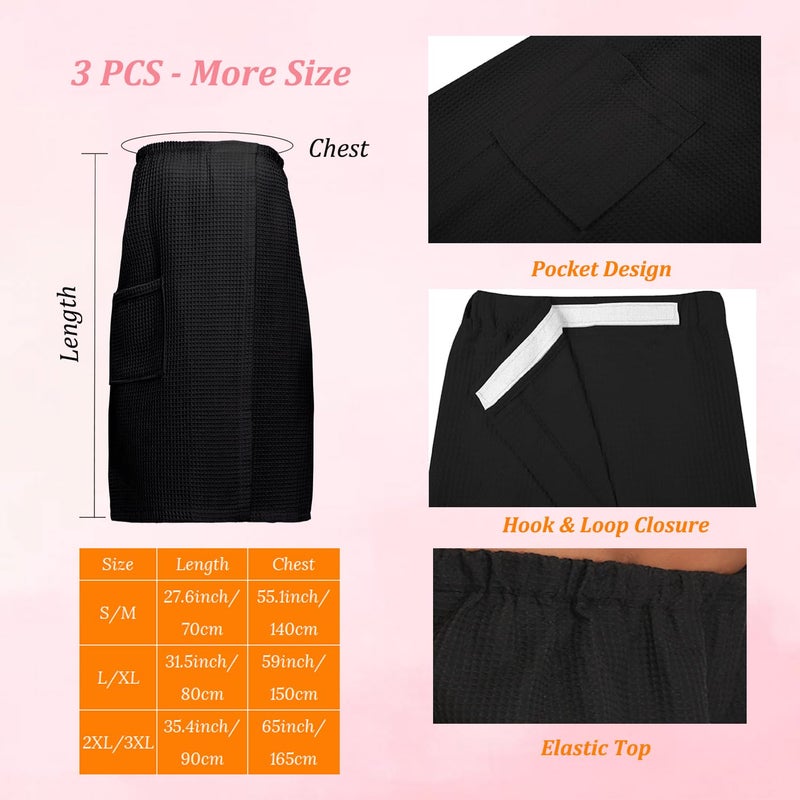 PENGEE 3 Pcs Towel Wrap for Women Lightweight Waffle Spa Bathrobe Cover Up Bath Shower Wraps with Adjustable Closure, Black S/M - Image 2
