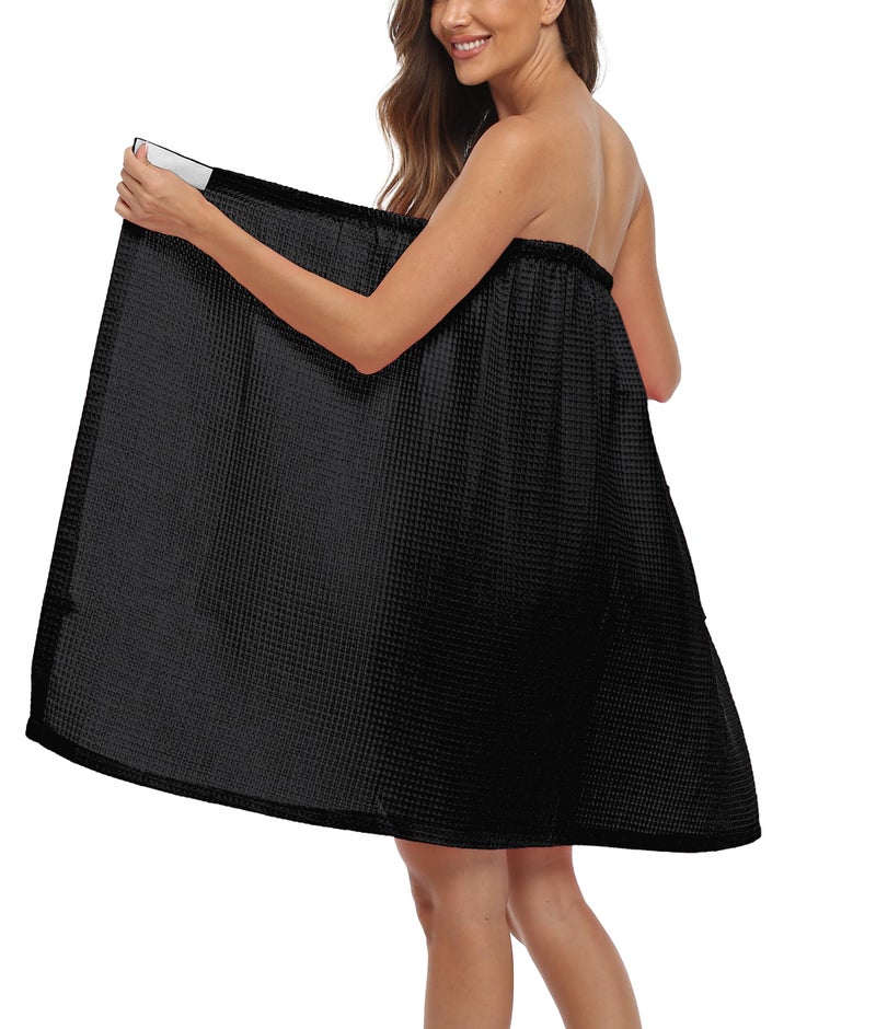 PENGEE 3 Pcs Towel Wrap for Women Lightweight Waffle Spa Bathrobe Cover Up Bath Shower Wraps with Adjustable Closure, Black S/M - Image 4