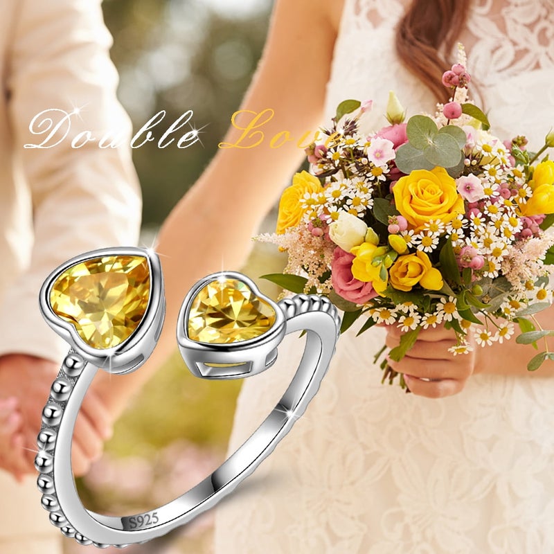 Juwaliy November Birthstone Ring Citrine 925 Sterling Silver Double Hearts Rings Yellow Women Jewelry Christmas Birthday Mother's Day Gifts - Image 4