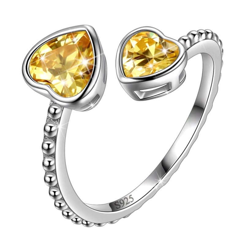 Juwaliy November Birthstone Ring Citrine 925 Sterling Silver Double Hearts Rings Yellow Women Jewelry Christmas Birthday Mother's Day Gifts - Image 1