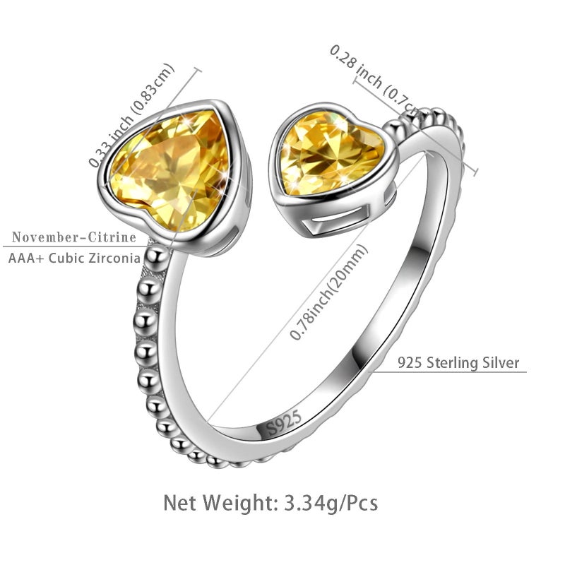 Juwaliy November Birthstone Ring Citrine 925 Sterling Silver Double Hearts Rings Yellow Women Jewelry Christmas Birthday Mother's Day Gifts - Image 3