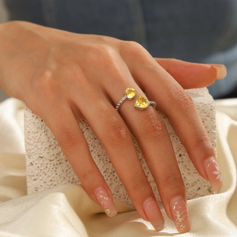 Juwaliy November Birthstone Ring Citrine 925 Sterling Silver Double Hearts Rings Yellow Women Jewelry Christmas Birthday Mother's Day Gifts - Image 2