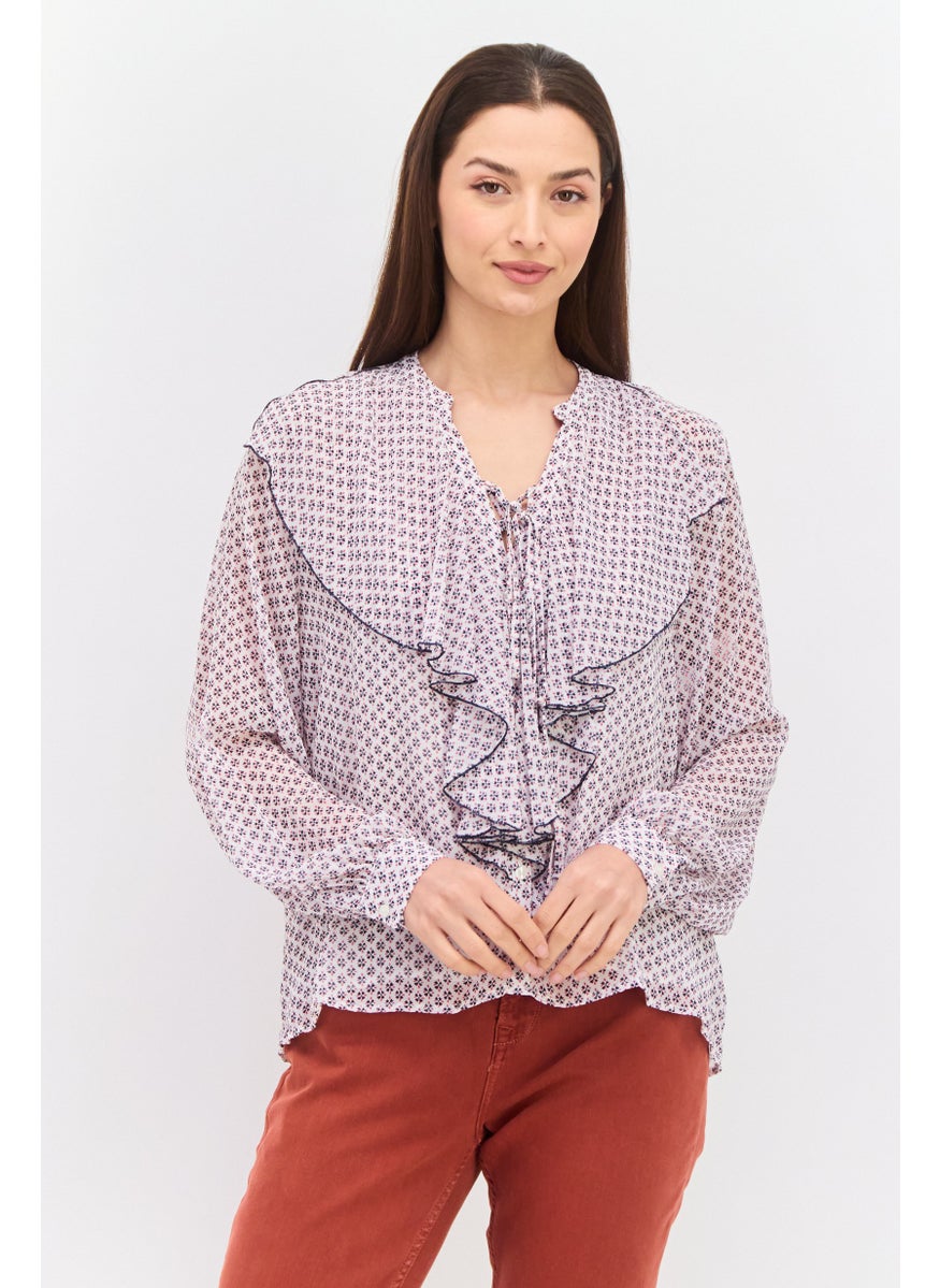 Pepe Jeans Women Tie Neck Long Sleeve Allover Print Blouse, White Combo  - Image 1