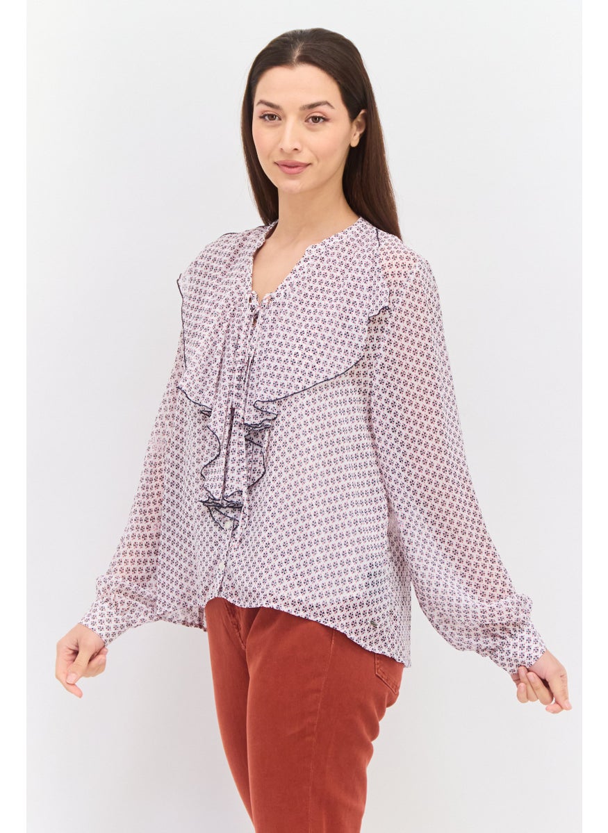 Pepe Jeans Women Tie Neck Long Sleeve Allover Print Blouse, White Combo  - Image 2