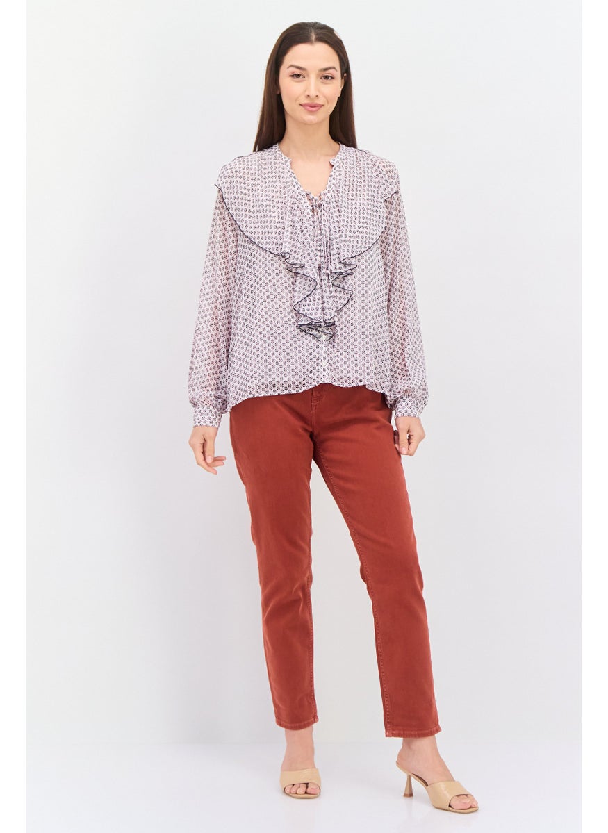 Pepe Jeans Women Tie Neck Long Sleeve Allover Print Blouse, White Combo  - Image 4