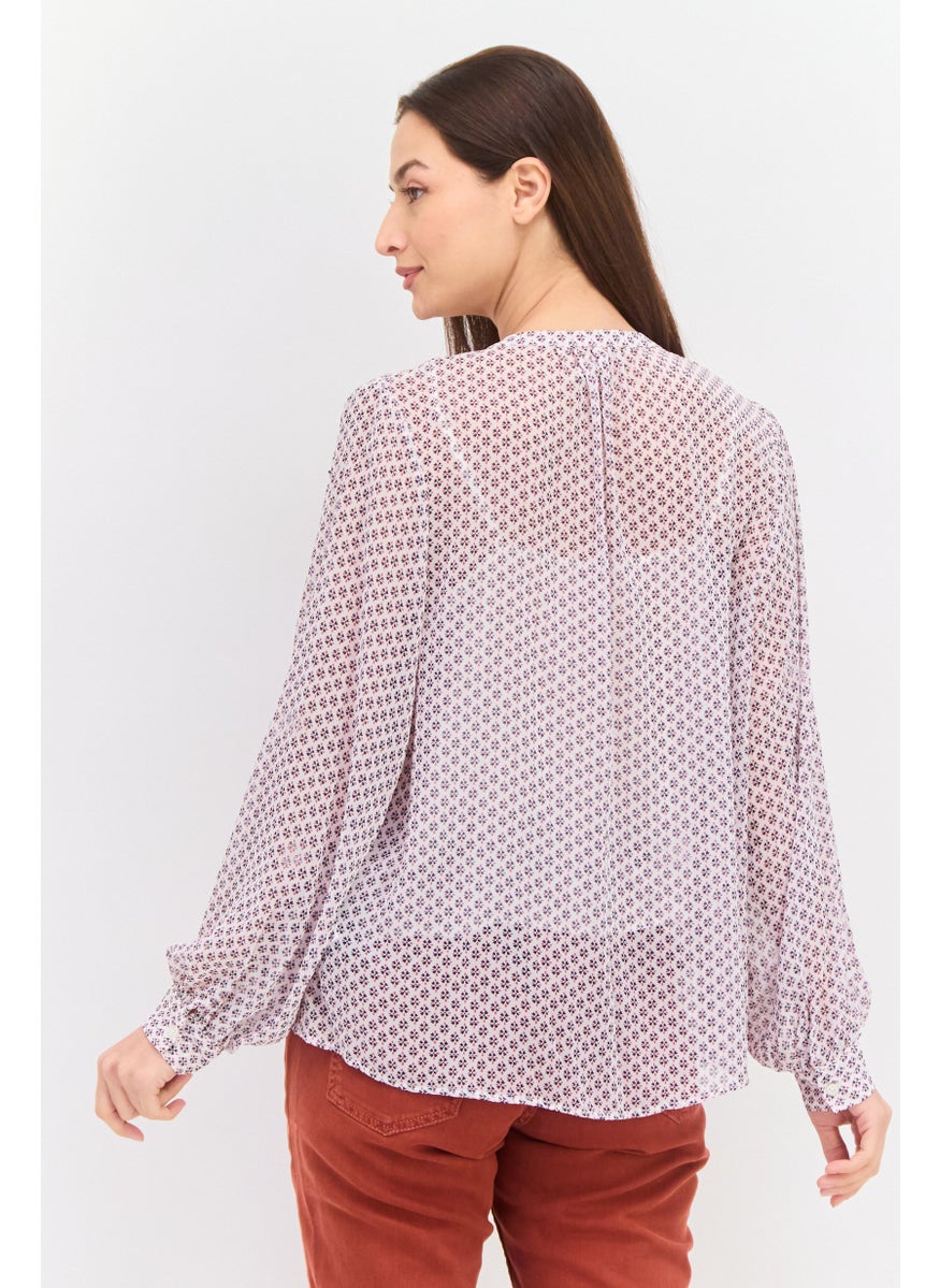 Pepe Jeans Women Tie Neck Long Sleeve Allover Print Blouse, White Combo  - Image 3