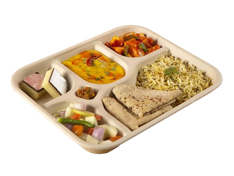 SANWALSA [5-Compartment, 10 Count, Beige Disposable Bagasse Plates | Eco-Friendly Sugarcane Meal Tray for Wedding, Party, Picnic, Event | Mess-Free Sections - Image 1
