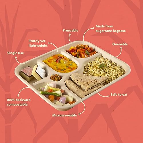 SANWALSA [5-Compartment, 10 Count, Beige Disposable Bagasse Plates | Eco-Friendly Sugarcane Meal Tray for Wedding, Party, Picnic, Event | Mess-Free Sections - Image 2
